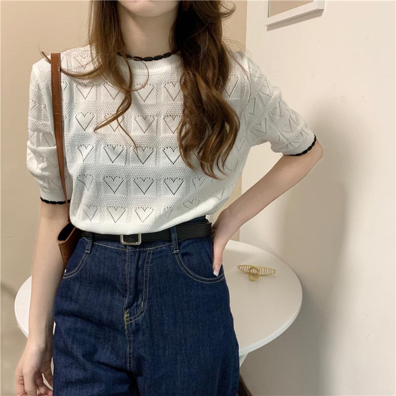 Summer Cream Love White Lazy Wind Short Section Knitted Tops Women Loose Versatile Bottoming Pullover Sweater Casual Essential Slim Fit Pullovers Tees