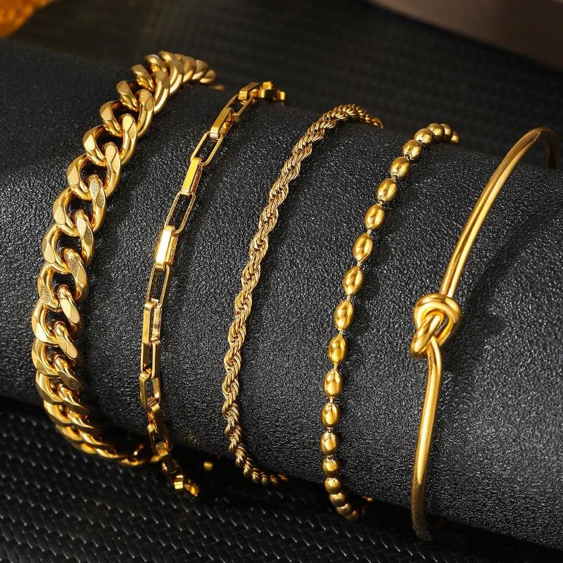 5Pcs/Set Stainless Steel European and American Cross-border Fashion Trend Paperclip Cuban Chain Bracelet Multi-layer Snake Bone Chain Bracelet