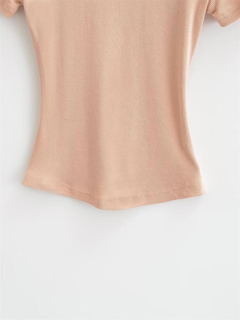 Trendy Women's Ribbed Slim Fit Short Sleeve T-Shirt with Sexy Round Neck and Straight Shoulders.