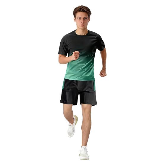 

2Pcs/Set Men Summer Sportswear Crew Neck Short Sleeve T-shirt Elastic Waist Wide Leg Shorts Set Quick Drying Thin Fitness Suit Athletic Clothing M зелёный