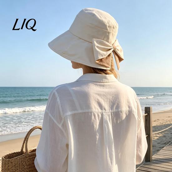 Spring Autumn Sun Hat Women Summer Hat, Back Bowknot Fisherman Wide Brim UV Protection Travel Bucket for Outdoor Hiking Fishing Beach Use Casual