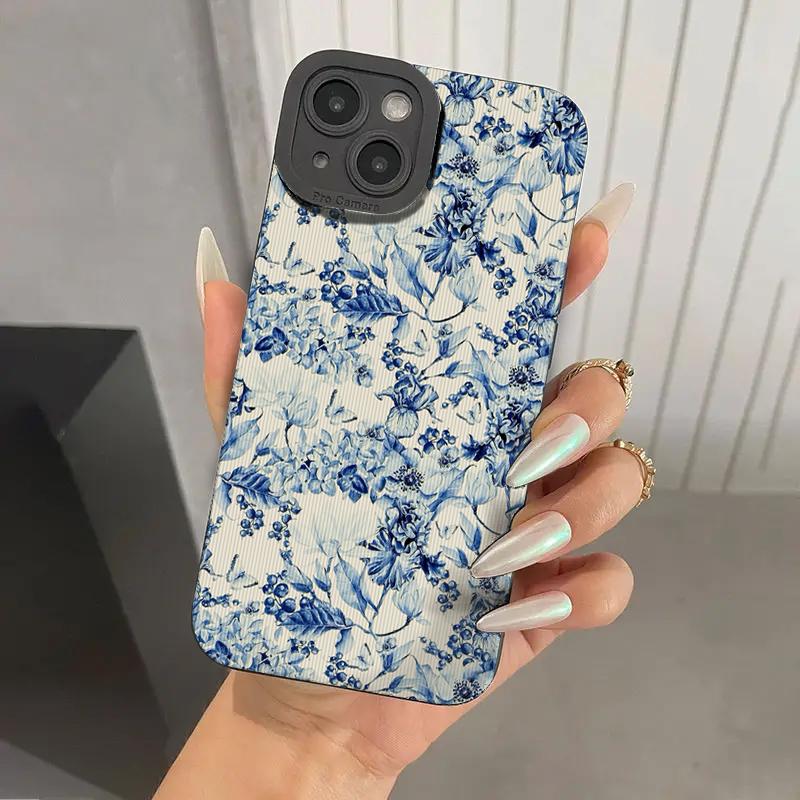 Elegant Blue Floral Phone Case For Samsung Galaxy S25 S24 S23 S22 S21 Plus Ultra A56 A55 A54 A53 A36 A35 A34 A33 A26 A16 Cover