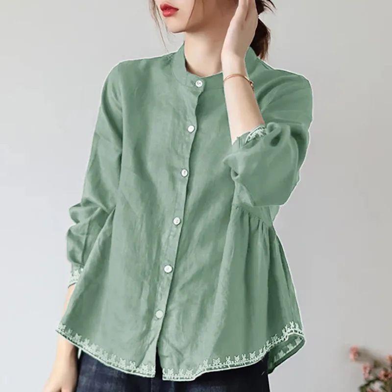 

Korean-Style Stand Collar Single-Breasted Cotton Long Sleeve Loose Top Light green 4XL
