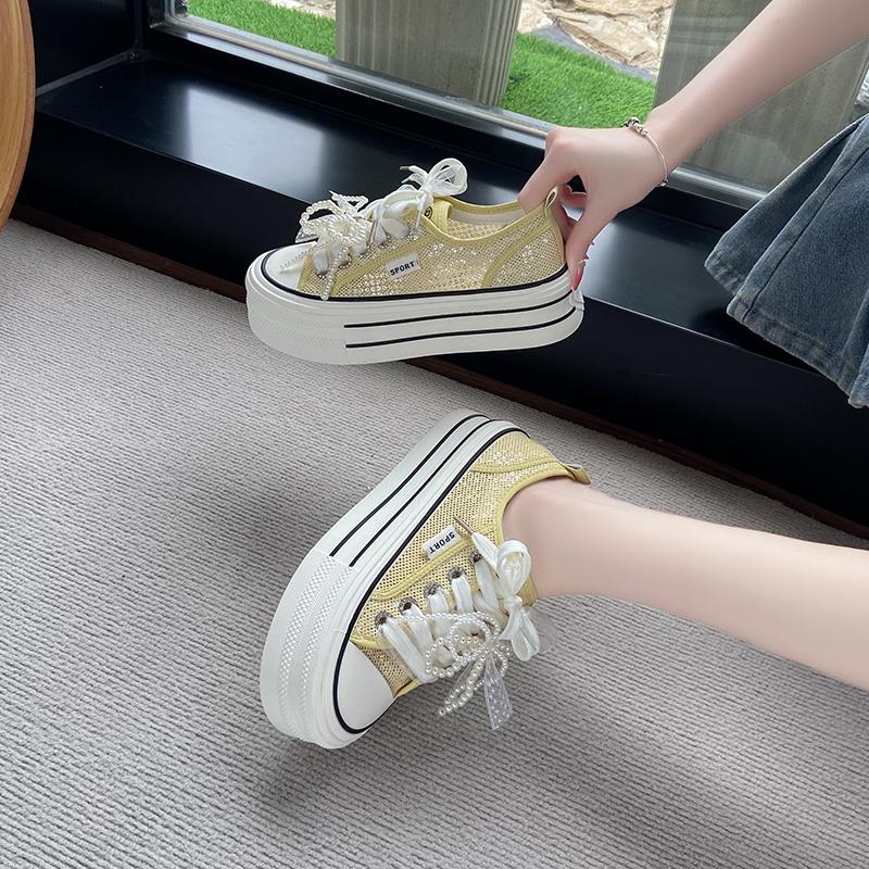 Fashion CRLAYDK Fashion Platform Mesh Shoes for Women Lace Pearl Casual Sneakers Ladies Lace Up Sports Walking Breathable Tennis