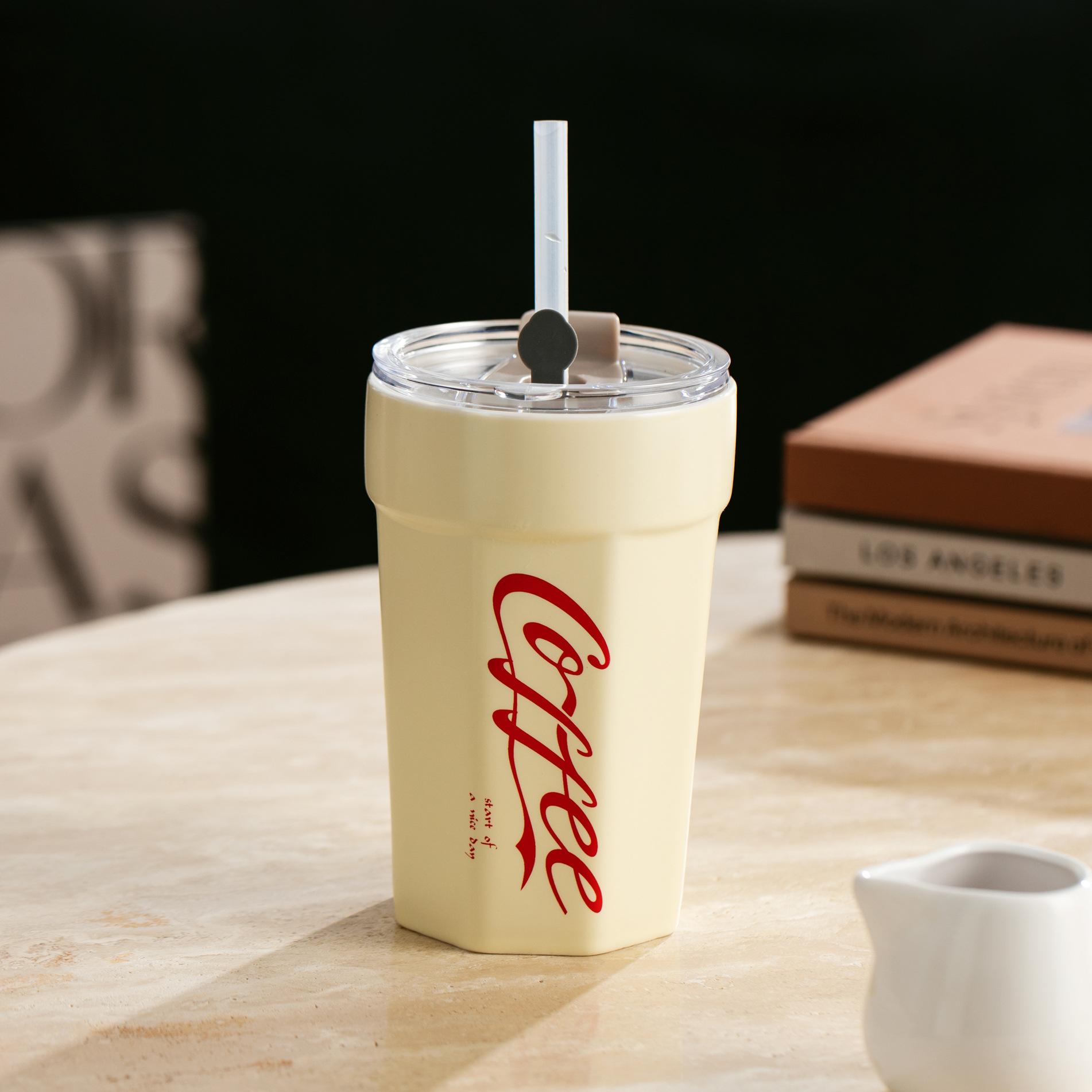 

High Value Coke Cup Large Capacity Imitation Thermos Cup with Straw Student Water Cup Large Capacity Coffee Cup Ceramic Cup 500ml
