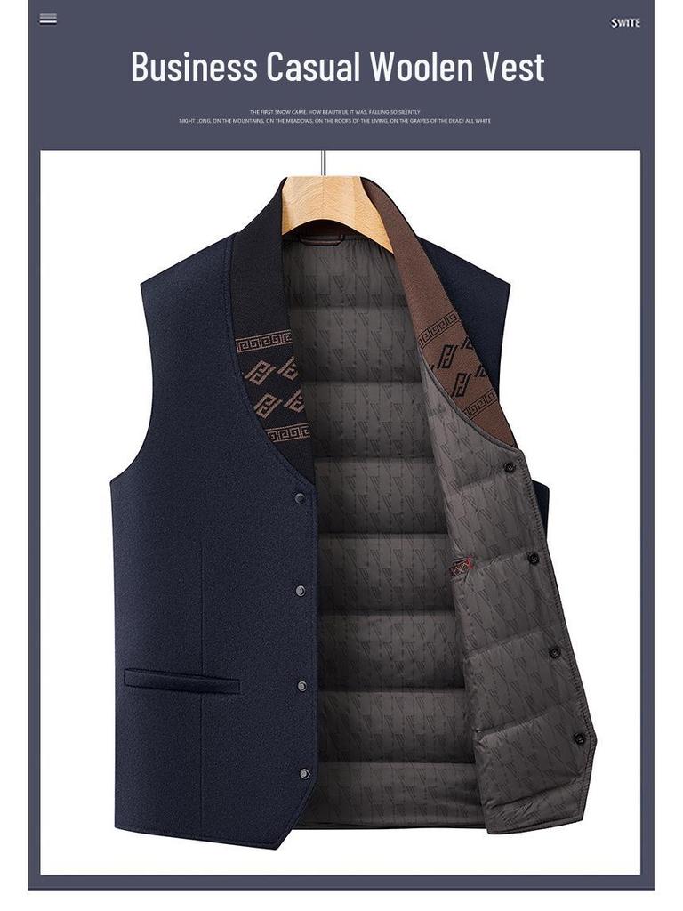 Men's 2025 Winter 100% Wool Tweed Down Vest - White Duck Down, Business Casual Style