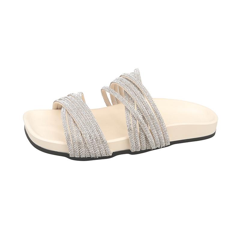 One-word Cold Slippers with Rhinestones for Women's Summer Wear 2025 New Flat-bottomed Beautiful Slippers with Skirts and Strappy Sandals.