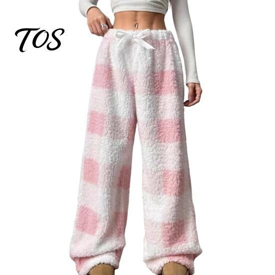Warm Winter Pajamas for Women Plaid Wide Leg Pants, Drawstring High Waist Thick Coral Fleece Cozy House Pants Loungewear, Anti-Pilling Casual