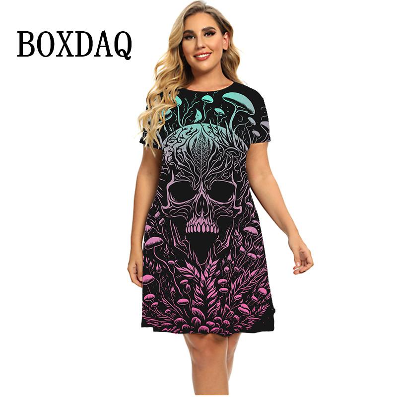 2025 New Spring Plant Mushroom 3D Skull Dresses Women Summer Short Sleeve Loose Mini Dress Casual Gradient Print Plus Size Dress