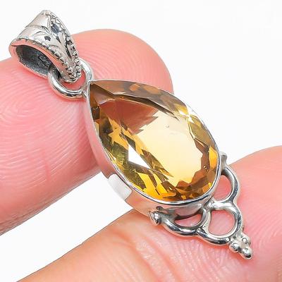 Natürlicher Citrin Edelstein Handgefertigt 925 Massiv Sterling Silber Anhänger 1.25'' v6F61