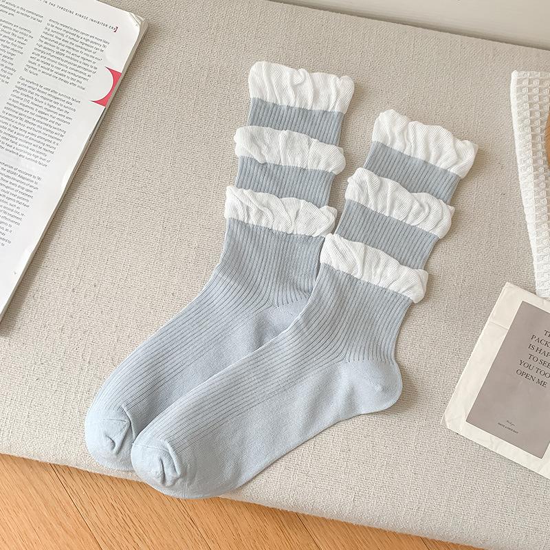 Girls Kawaii Ballet Socks Cream Color Bubble Ruffle Cuff Lace Trim Korean Sweet Style Stacked Sock Spring Fall Soft Cotton Sock