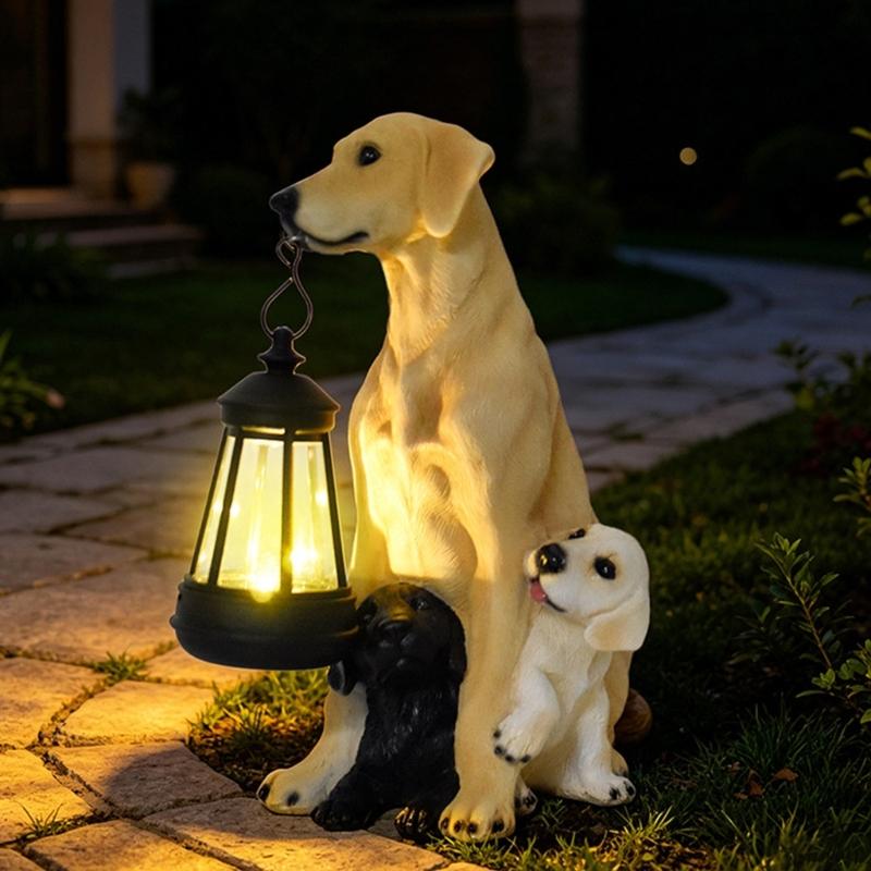 Dog Garden Statue with Hanging Light, Resin Outdoor Display Accent for Porch Lawn and Entryway Presentation Piece