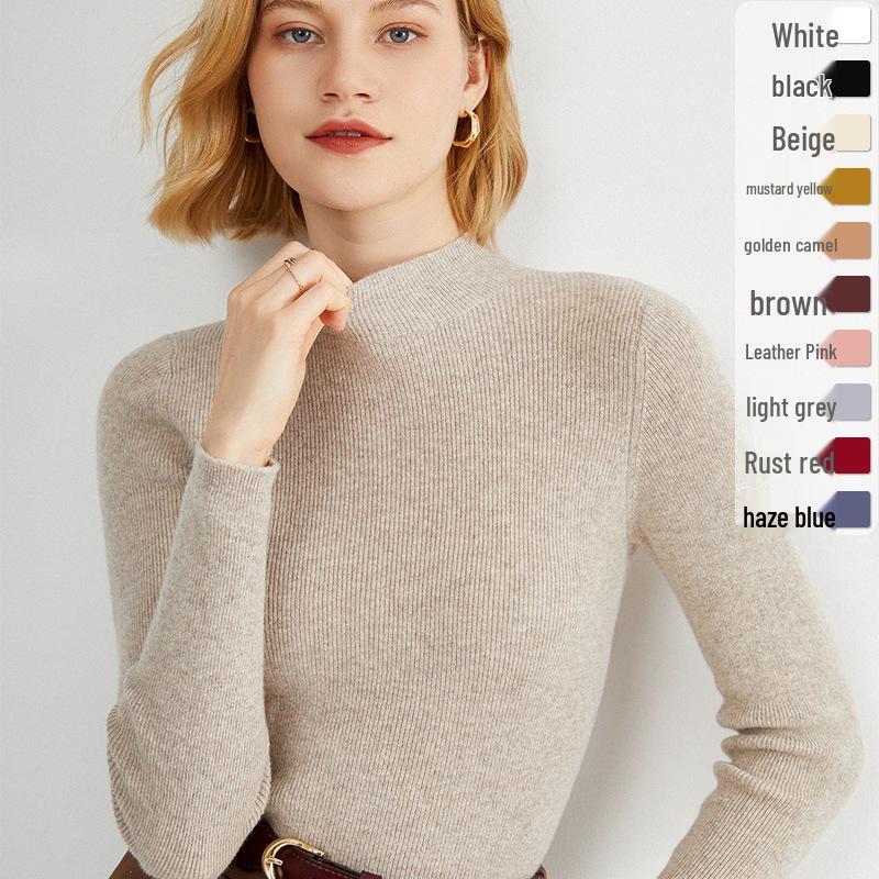 Women's Elegant Slim Fit Pullover: Solid Color Knit Sweater with Stand Collar - Autumn Winter Collection