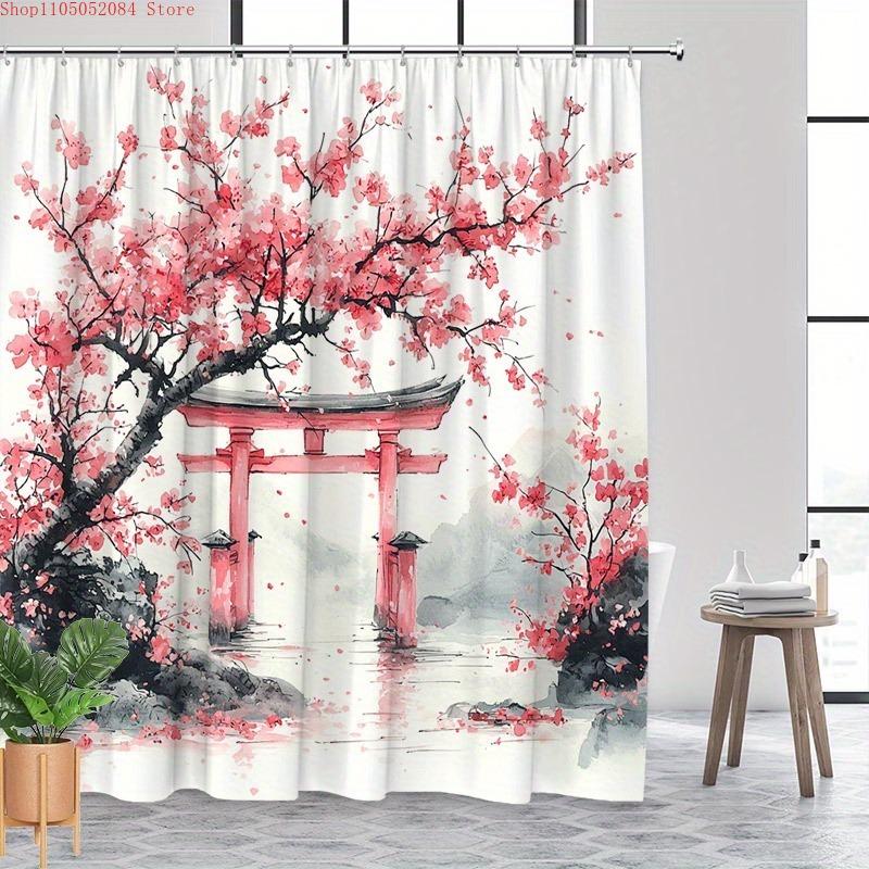 1Pc Japanese Cherry Shower Curtain Torii Gate - With Hooks Waterproof Mildew Proof Easy Install Washable
