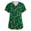 Women's V-neck Christmas printed short-sleeved pocket side-slit protective suit top