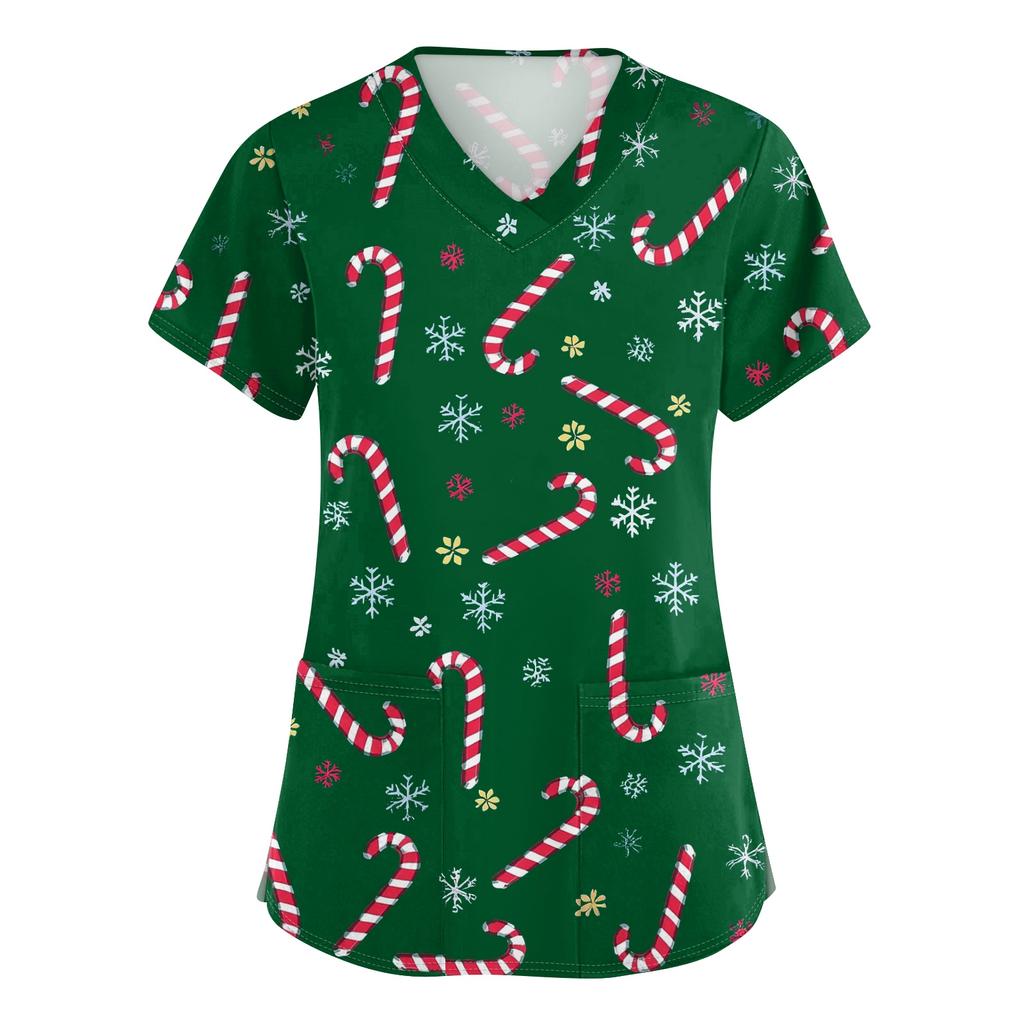 Women's V-neck Christmas printed short-sleeved pocket side-slit protective suit top