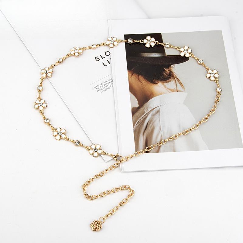 European and American Elegant Metal Waist Chain Women's Rhinestone Flowers Fashionable Versatile Decorative Dress Waist-hugging Ins Belt Women