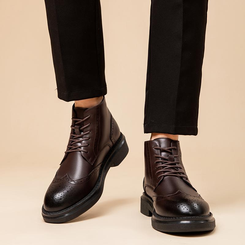 Fashion Brogue Genuine leather men's boots Fashionable gentleman style Business Office Outdoor formal party Quality adult shoes Black