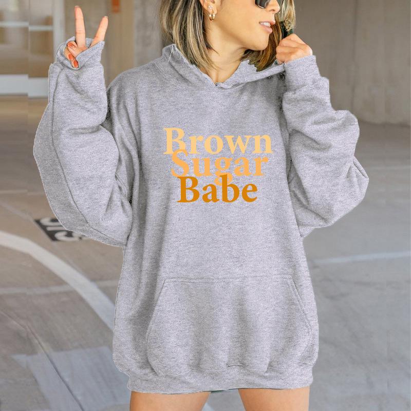 Autumn Winter European American Style Letter Print Hooded Sweatshirt with Back Wrap Collar and Plus Velvet.