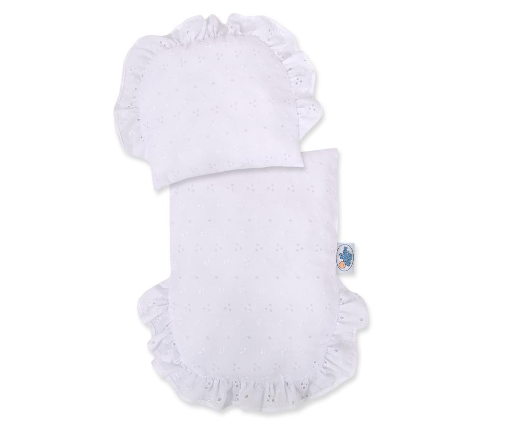 Wicker doll stroller with embroidered bedding and soft lining - white