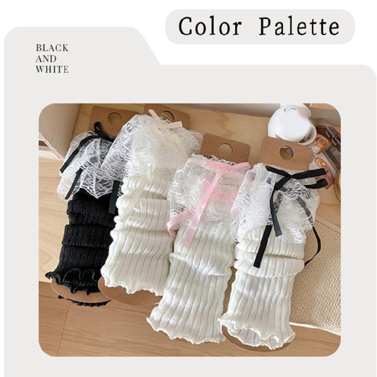 Women Aesthetic Ribbed Knit Stretch Leg Warmer Japanese Boot Cover Sweet Ruffled Lace Trim Bows Leg Sleeve Long Socks