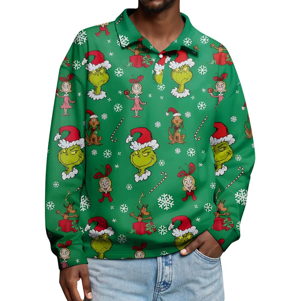 Men's Casual Christmas Print Button Long Sleeve Shirt