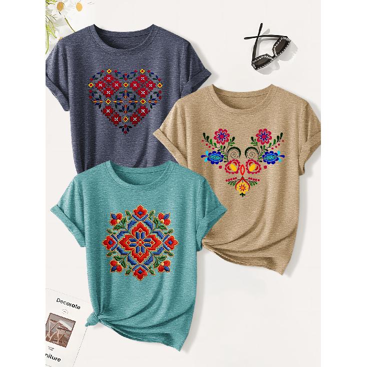 3 Pack of Women's Summer Tops | Heart-shaped Floral Ethnic Print T Shirt | Cute and Trendy Casual Round-neck Short-sleeve Suit | 2026 Summer Vintage