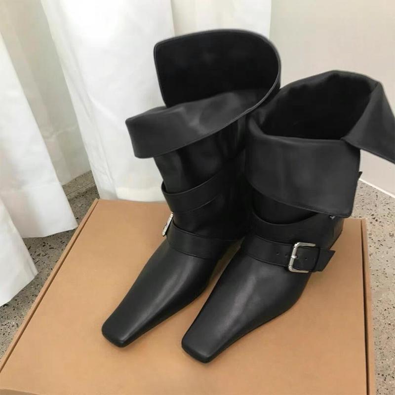 Designer Square Toes Metal Buckle Strap Short Boots For Female Women Thin High Heel New Leather Fabric Elegant Sexy Winter Shoes