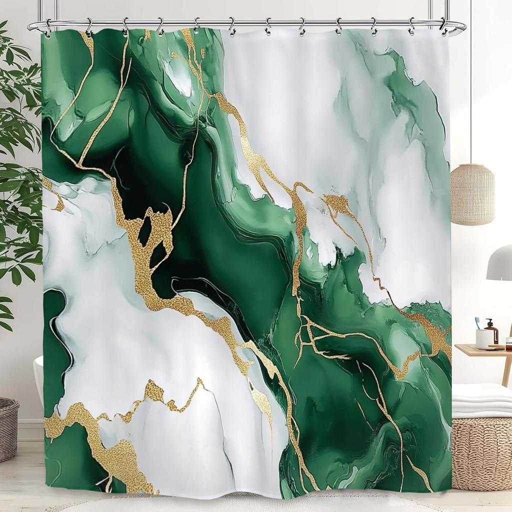 Cortina de Chuveiro Impermeável em Poliéster com Veios Dourados em Mármore Verde 180X180Cm - Decoração de Banheiro Moderna de Luxo Com Ganchos Para Têxteis Domésticos
