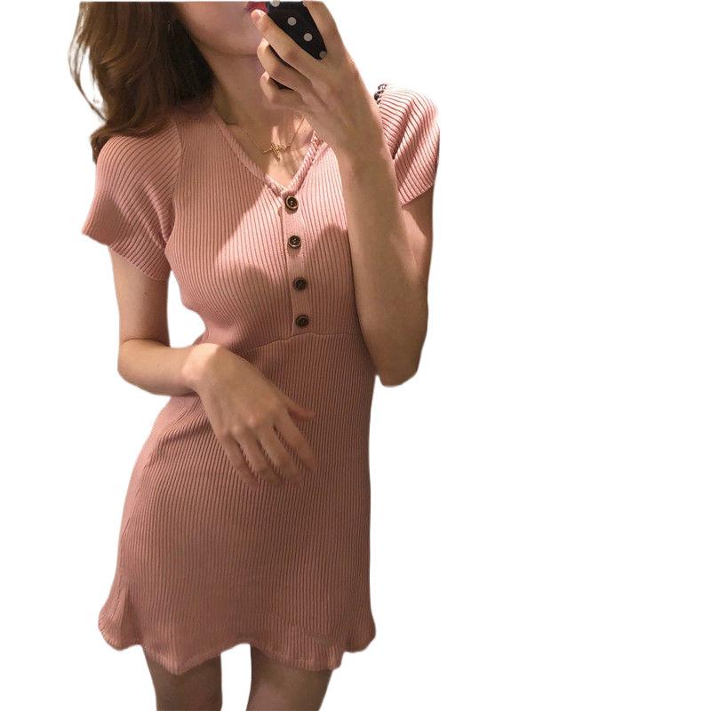 2025 Summer Women's Korean V-neck Slim Fit A-line Knit Dress