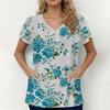 Scrubs Medical Uniforms Woman Fashion Floral Print Dental Nurse Tops V-Neck Short Sleeve Patch Pocket Tees Nurse Uniform Woman