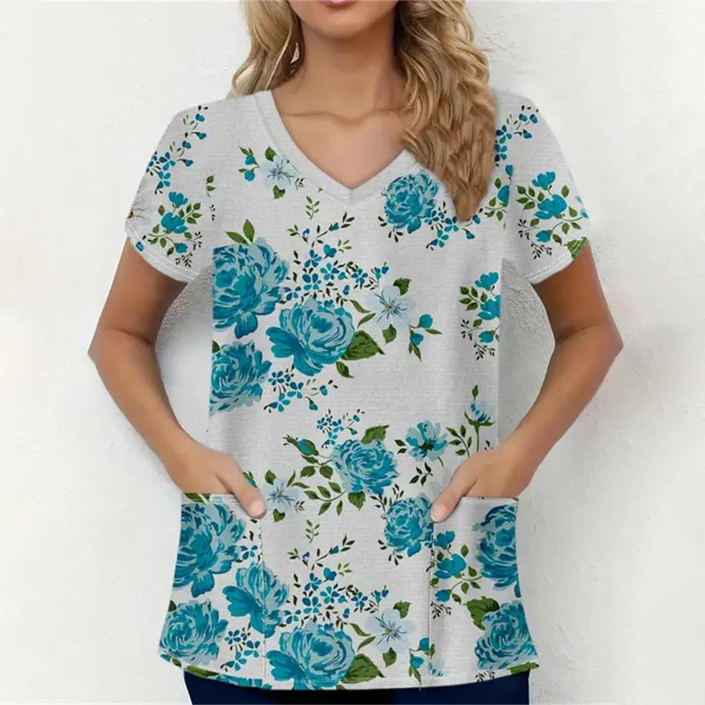 Scrubs Medical Uniforms Woman Fashion Floral Print Dental Nurse Tops V-Neck Short Sleeve Patch Pocket Tees Nurse Uniform Woman