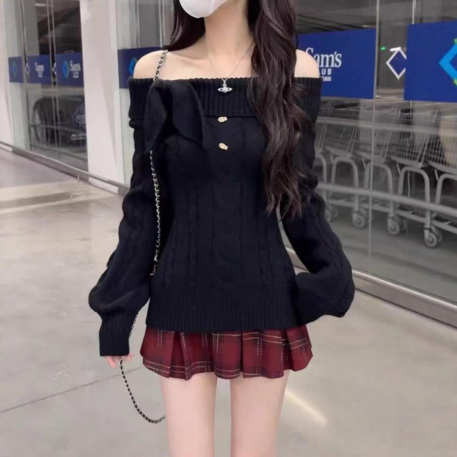 

Autumn New Style Sweet Loose Fit Slimming Versatile Long Sleeve Knit Sweater Korean Lazy Style Crew Neck Pullover for Women One Size чорний
