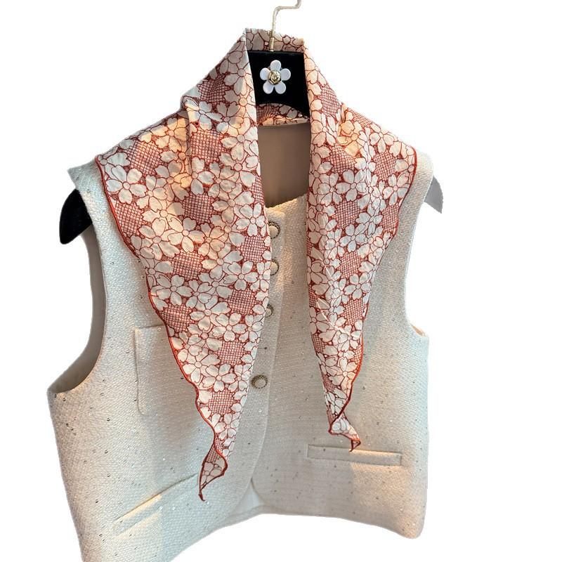 Korean version of flower embroidered triangle scarf women's summer plant flower print versatile decorative scarf silk scarf tied bag headband