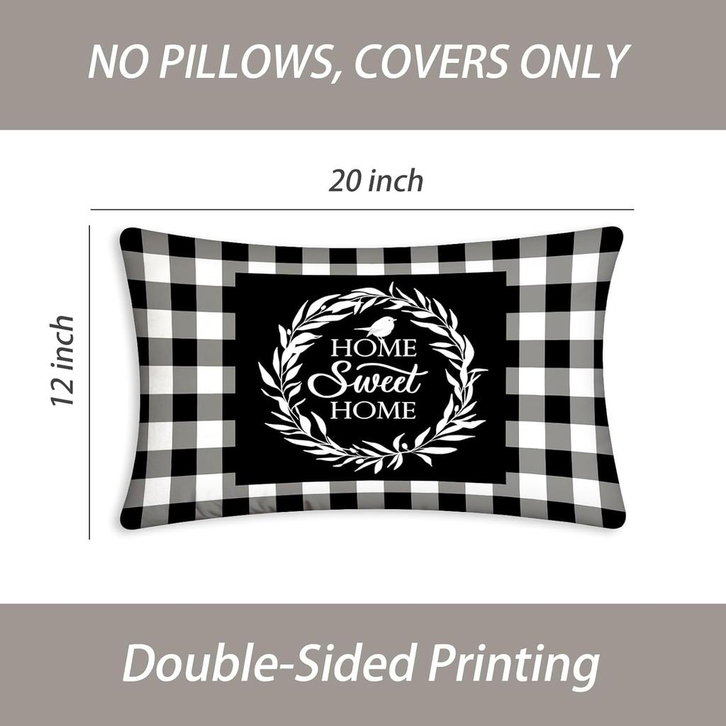 Plaid 12X20 Throw Pillow Covers Black and White Soft Throw Pillows for Couch, Sweet Home Decorative Couch Pillow Covers for Bedroom Living Room,