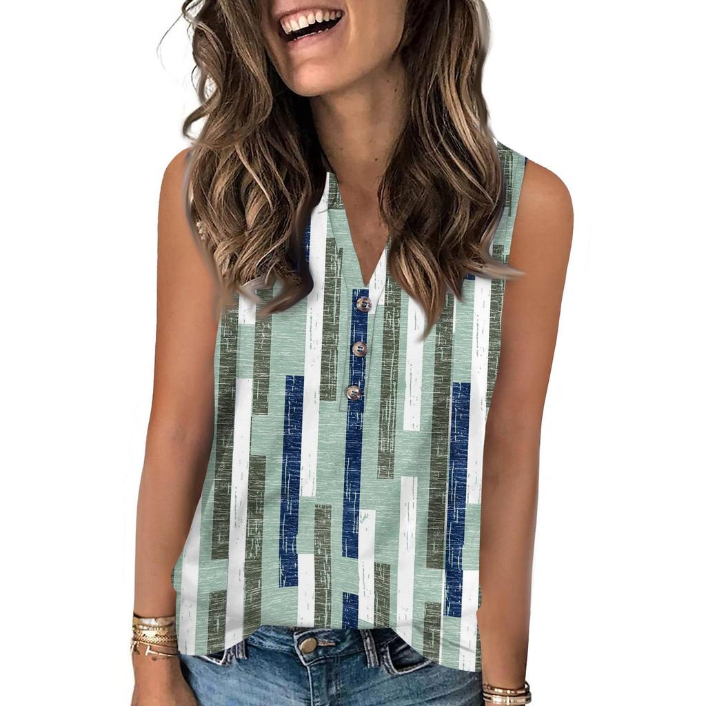 Women's Casual Fashion Summer Color Block Stitched Print Tank Top V-neck Sleeveless Button Top