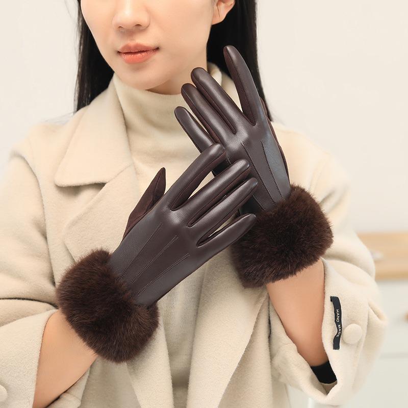 Imitation Mink Hair Mouth Leather Gloves Women'S Autumn And Winter Cold And Windproof Soft Velvet Warm Outdoor Riding Touch Screen Gloves