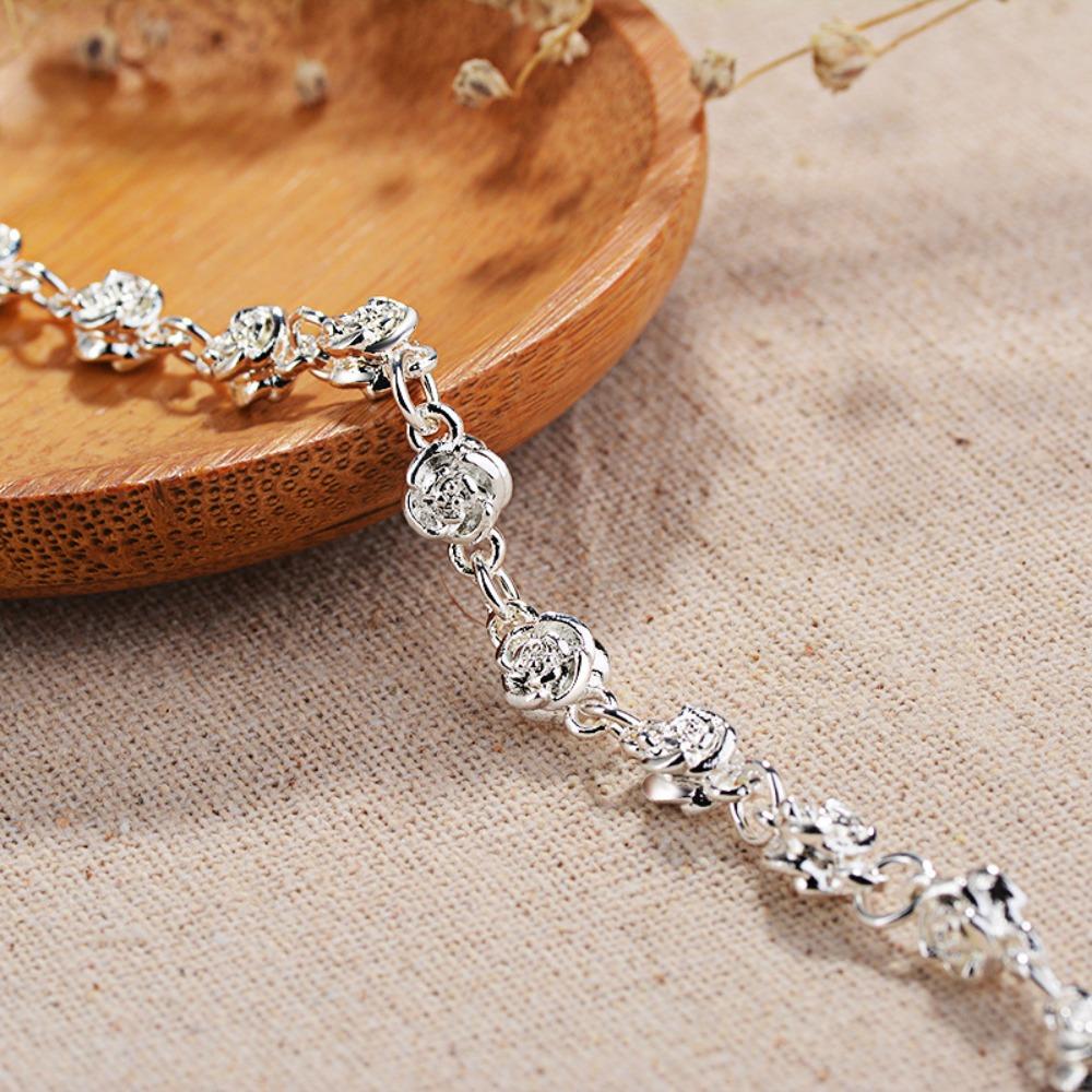Elegant Silver Bracelet for Women with Rose Flower Design Sterling Silver Jewelry Gift
