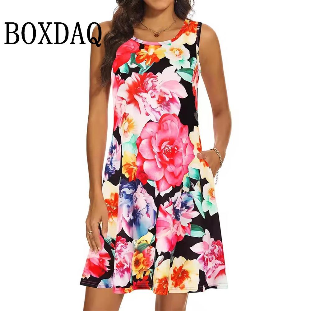 

Fashion Elegant Floral Print Dress Casual A-Line Tank Women s Summer Retro Sleeveless Chic Dresses Travel Loose Beach Sundresses S