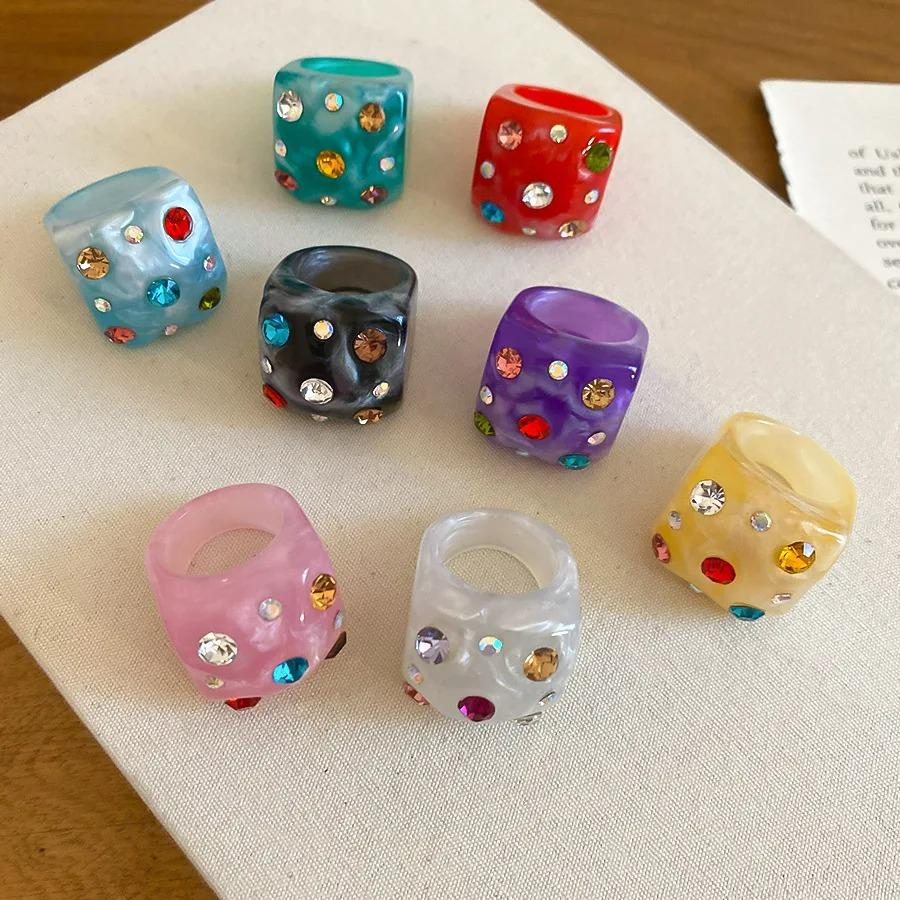 New Trendy Colorful Rhinestone Resin Finger Rings for Women Girls Sweet Chunky Irregular Geometric Rings Aesthetic Jewelry Gift