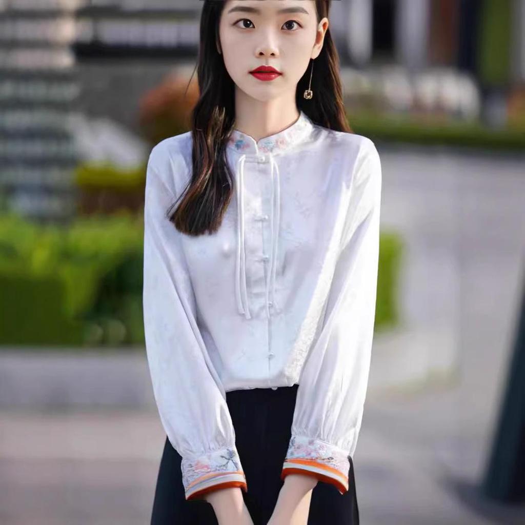 Damen Satin Stickerei Chinesischer Stil Hemd mit Stehkragen und elegantem Druck