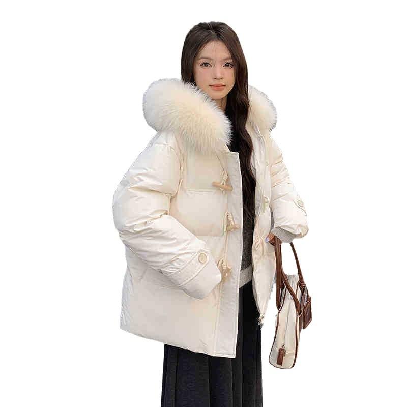 Women's Autumn and Winter Coat Solid Color Horn Button Hooded Fur Collar Loose Thickened Windproof Women's Jacket