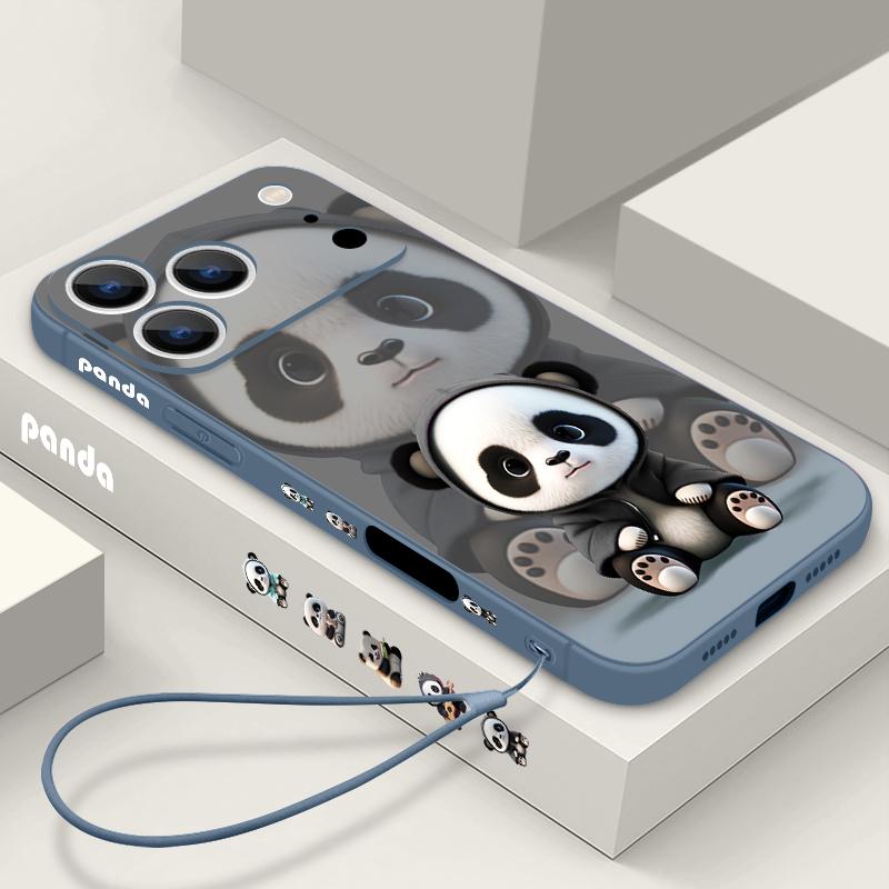 For iPhone 17 Pro Max Case Black Coat Panda Pattern Soft Silicone Lanyard Cover For iPhone 16 Pro Max Cover iPhone 15 14 13 12 11 16E Air