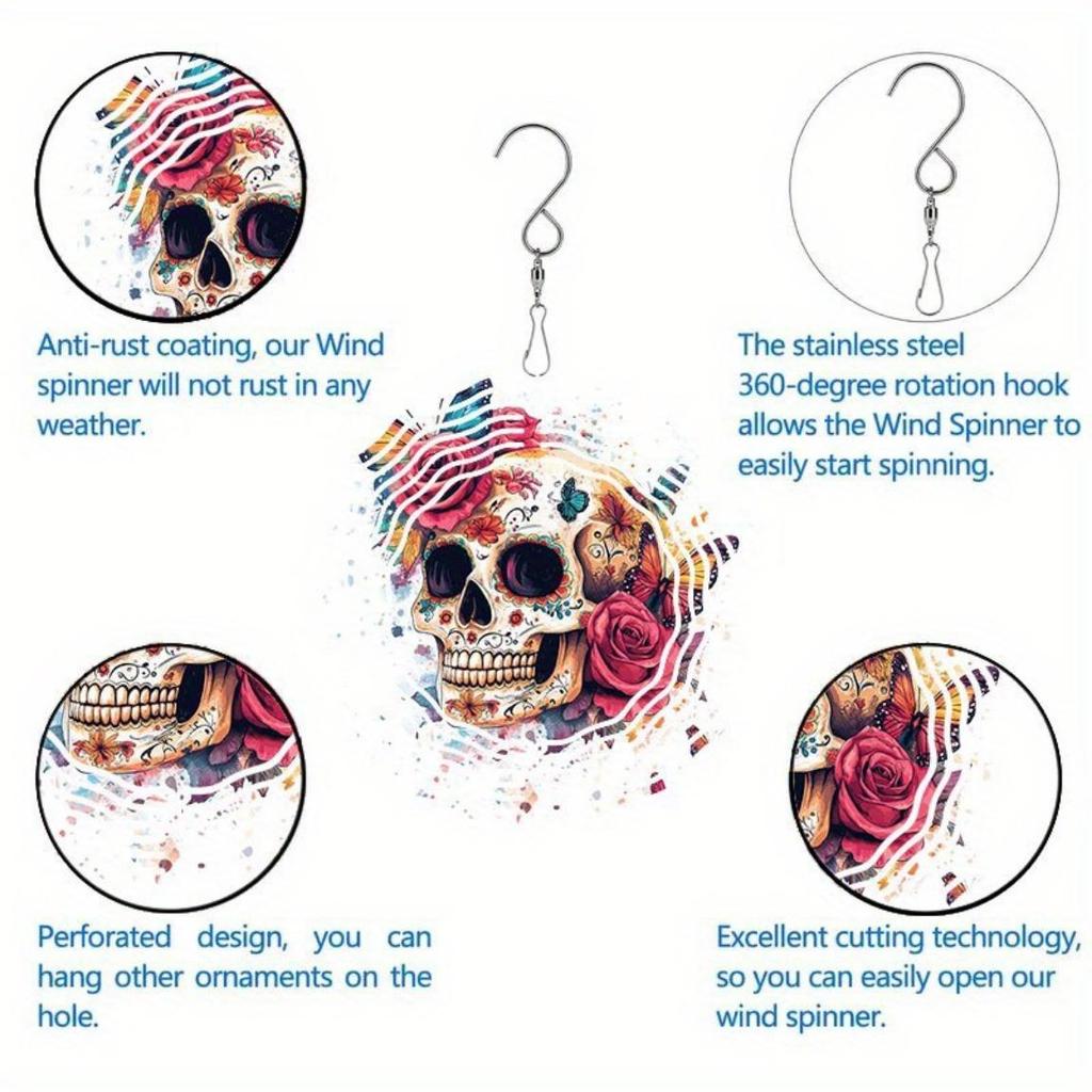 Rose Skull Butterfly 2D Wind Spinner Metal Hanging Rotator for Indoor Outdoor Garden Decor No Power Needed Easy to Install