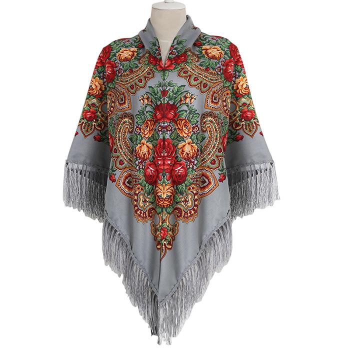 Ethnic Print Tassel Shawl: Large Square Scarf for Women - Autumn/Winter Style