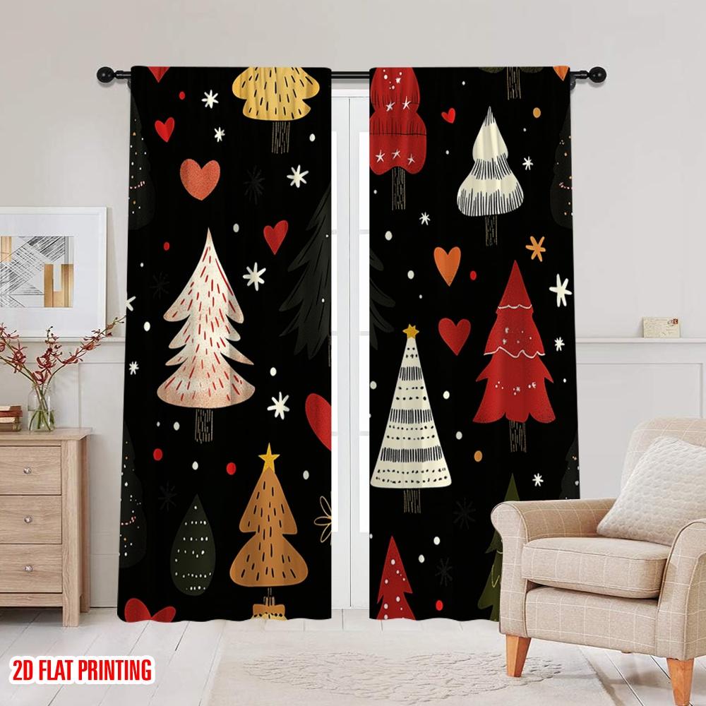 2pcs,2D plane printing Curtain Fabric Christmas Trees Snowflakes Hearts Festive (2) Polyester Fabric (without rod) Holiday Ldeal