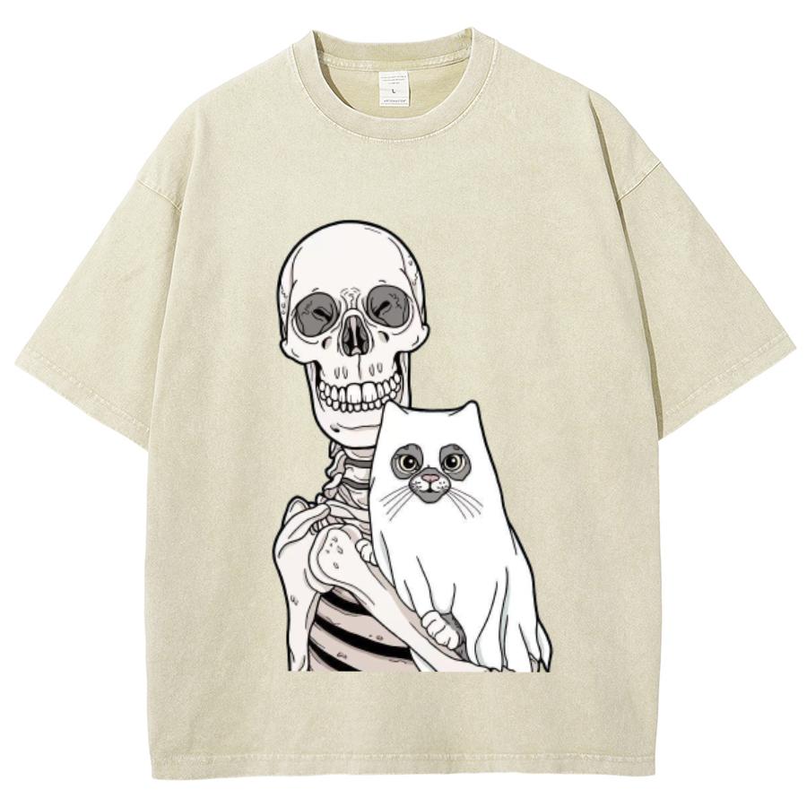 Vintage Wash Denim T-Shirt Unisex Oversized Skull Print Graphic Tees Women Loose Casual Fit Season Luxury Brand Tshirt