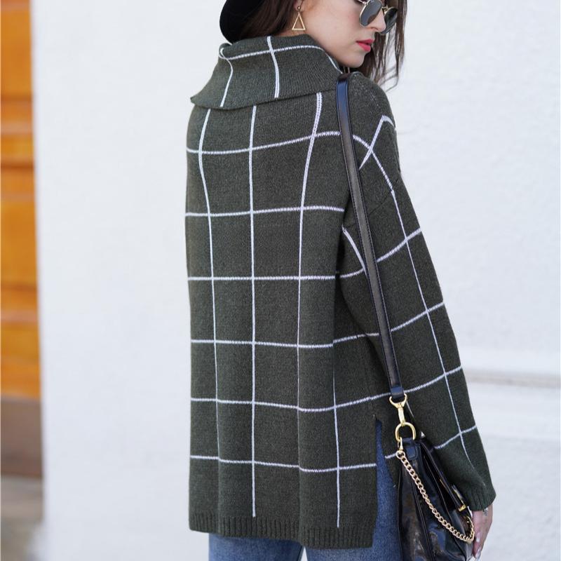 IHUASU Women's Autumn and Winter High Neck Pullover Loose Commuter Knit Sweater Plaid Fashion Jumper