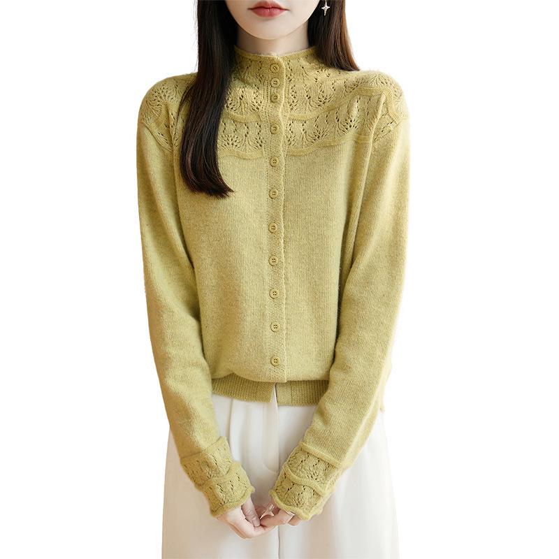 Pink Hollow Out Half-High Neck Cardigan Sweater - Women's Loose Fit Autumn/Winter Fashionable Outerwear