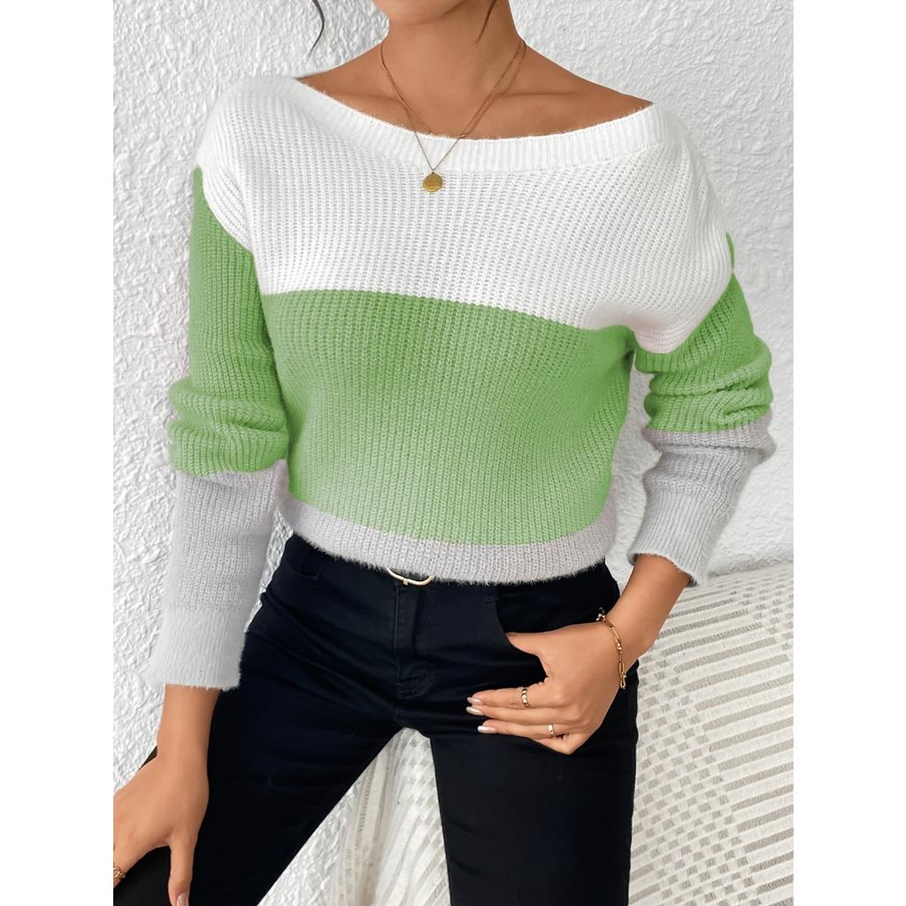 Spring Autumn Women's Color Block Patchwork Knit Sweater, Crew Neck Long Sleeve Pullover Top
